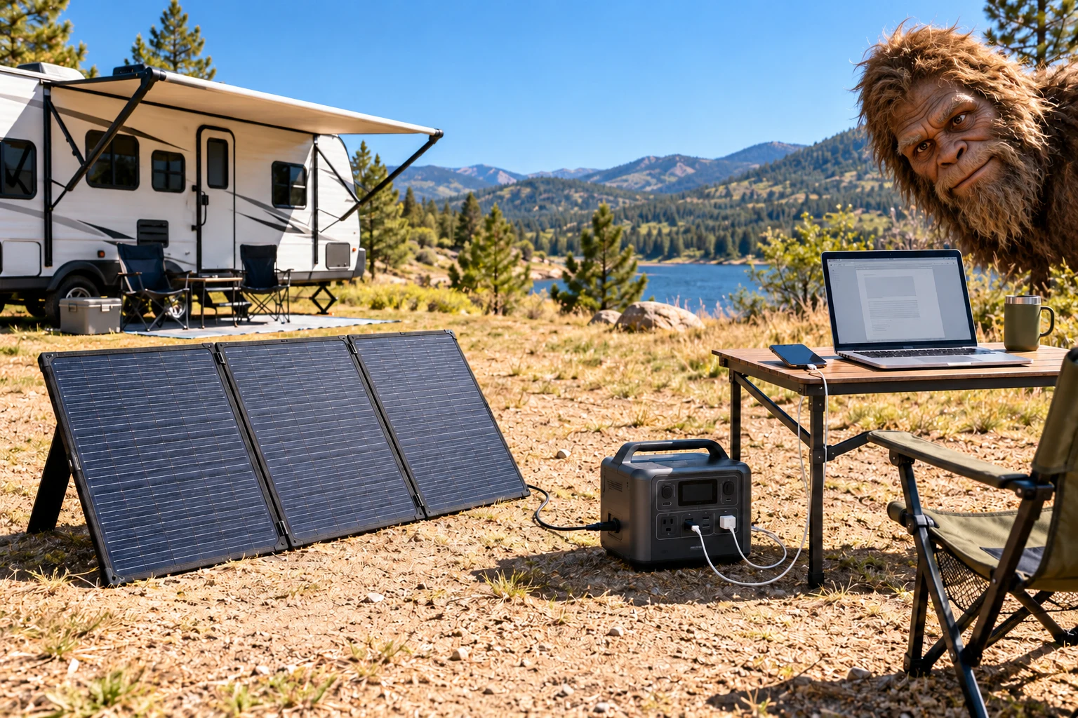 Bigfoot peeks at a laptop and phone powered by a portable solar setup at a sunny RV campsite