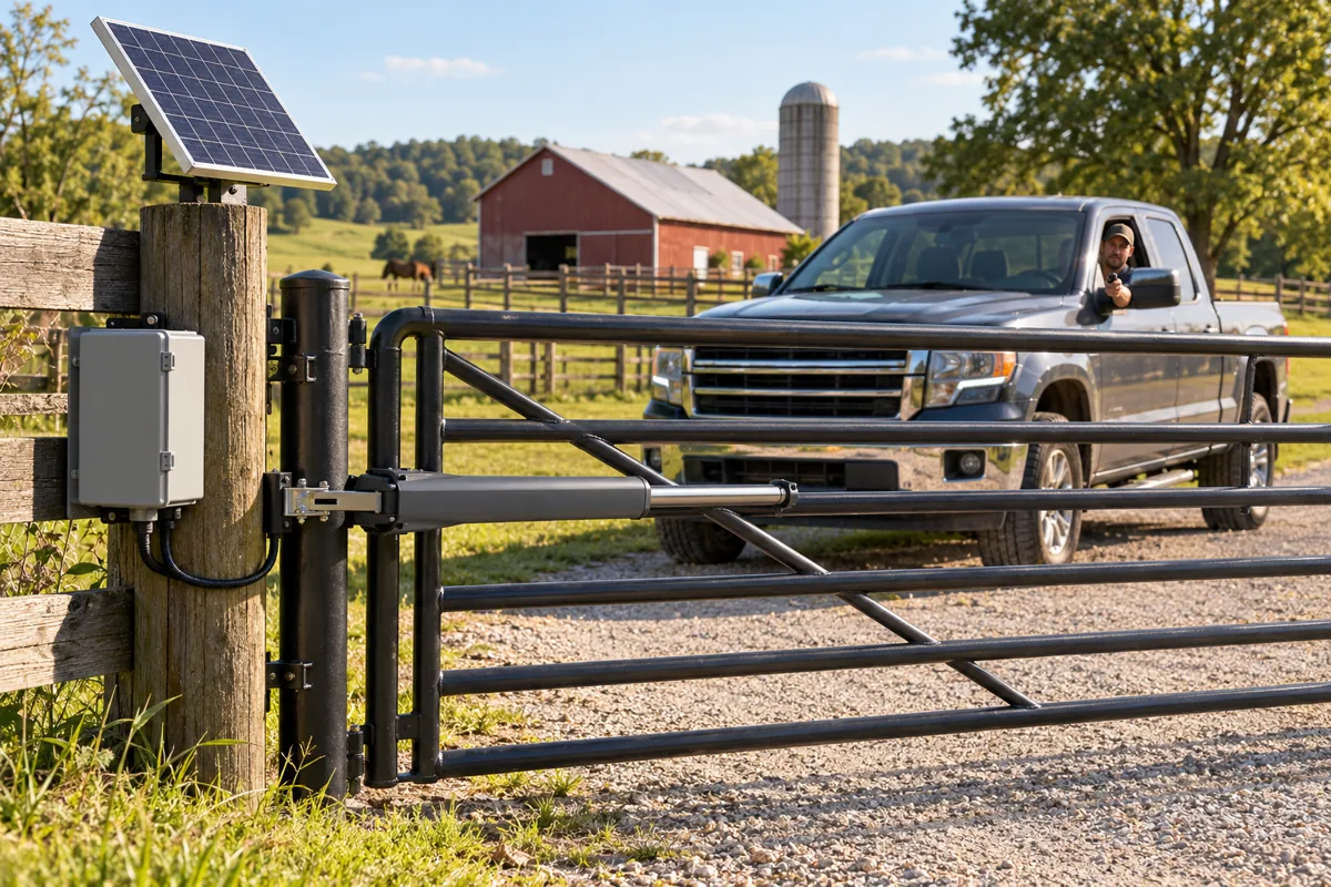 Illustration of a driver using a remote at a closed farm gate with a solar-powered opener